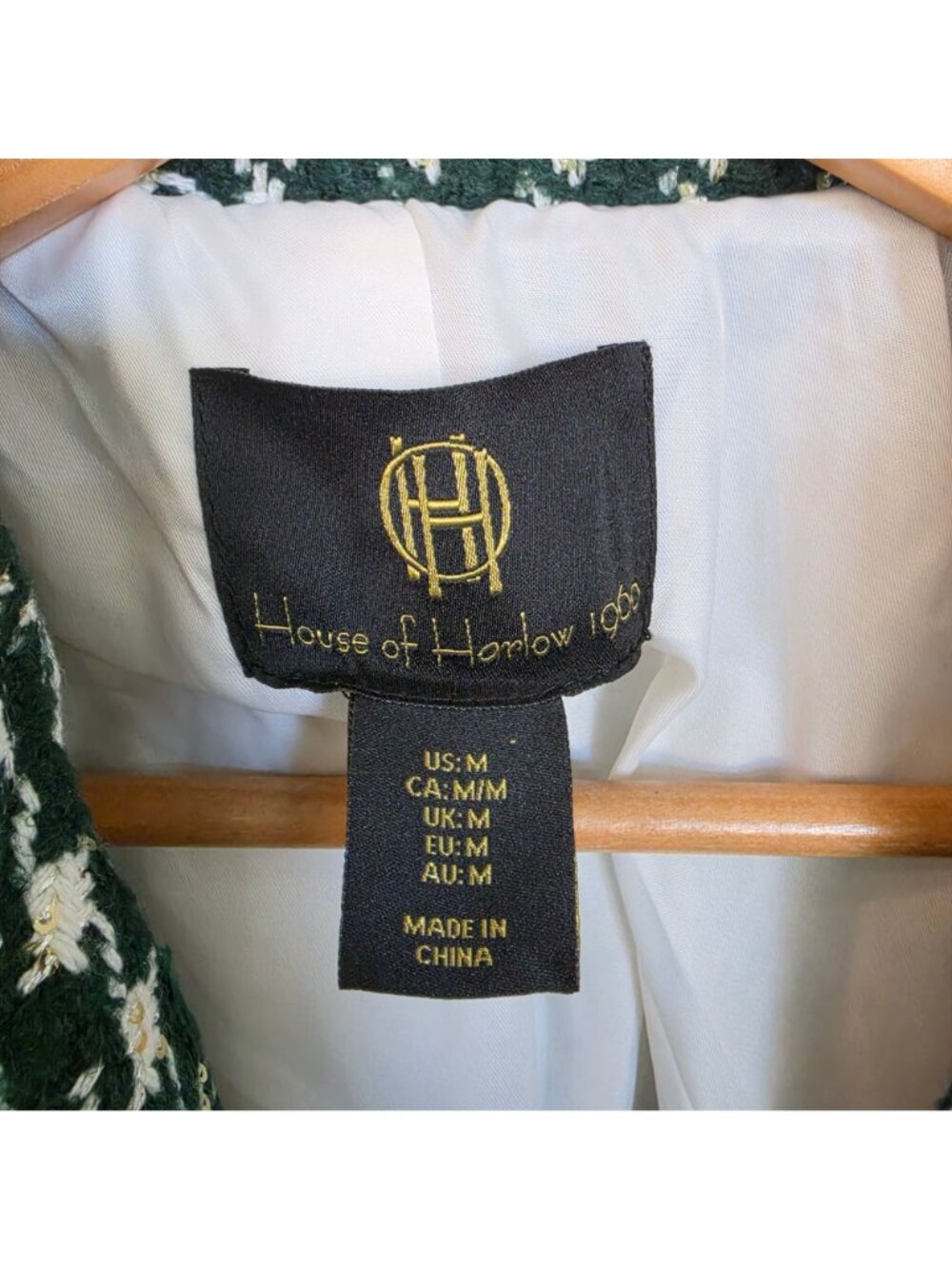 House of Harlow 1960 Blazer Jacket Medium Green White Houndstooth Gold Buttons - Picture 6 of 9